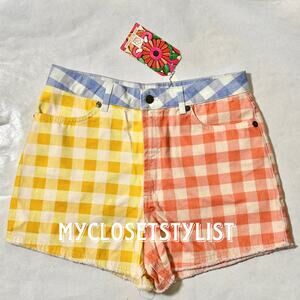Farm Rio X Anthropologie Colorful Plaid Denim Shorts NEW - Fun & Stylish!